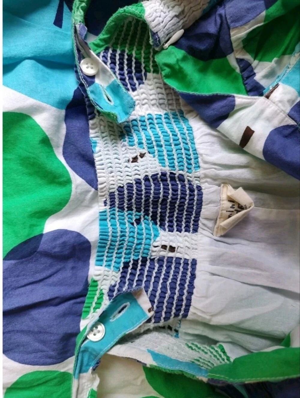 Mini Boden Girls Dress White Blue Green Ruffle Straps Apple Zip Pockets 13 14 Y